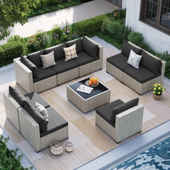 MRUAKA Outdoor Patio Furniture Set, 9-Piece Modular Sectional Sofa,PE Wicker Outdoor Conversation Set for Patio, Garden, Backyard, Black