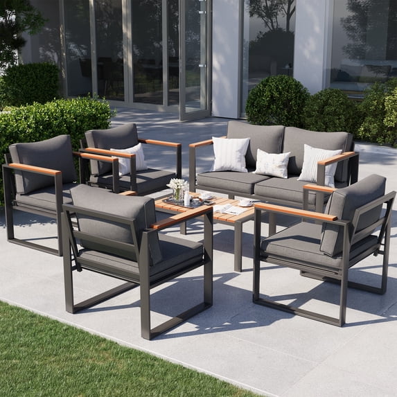 ECOPATIO 6 Pieces Patio Furniture Set, Metal Patio Conversation Set, Outdoor Furniture Set with Thicken Cushion and Plastic-Wood Coffee Table (Dark Grey)
