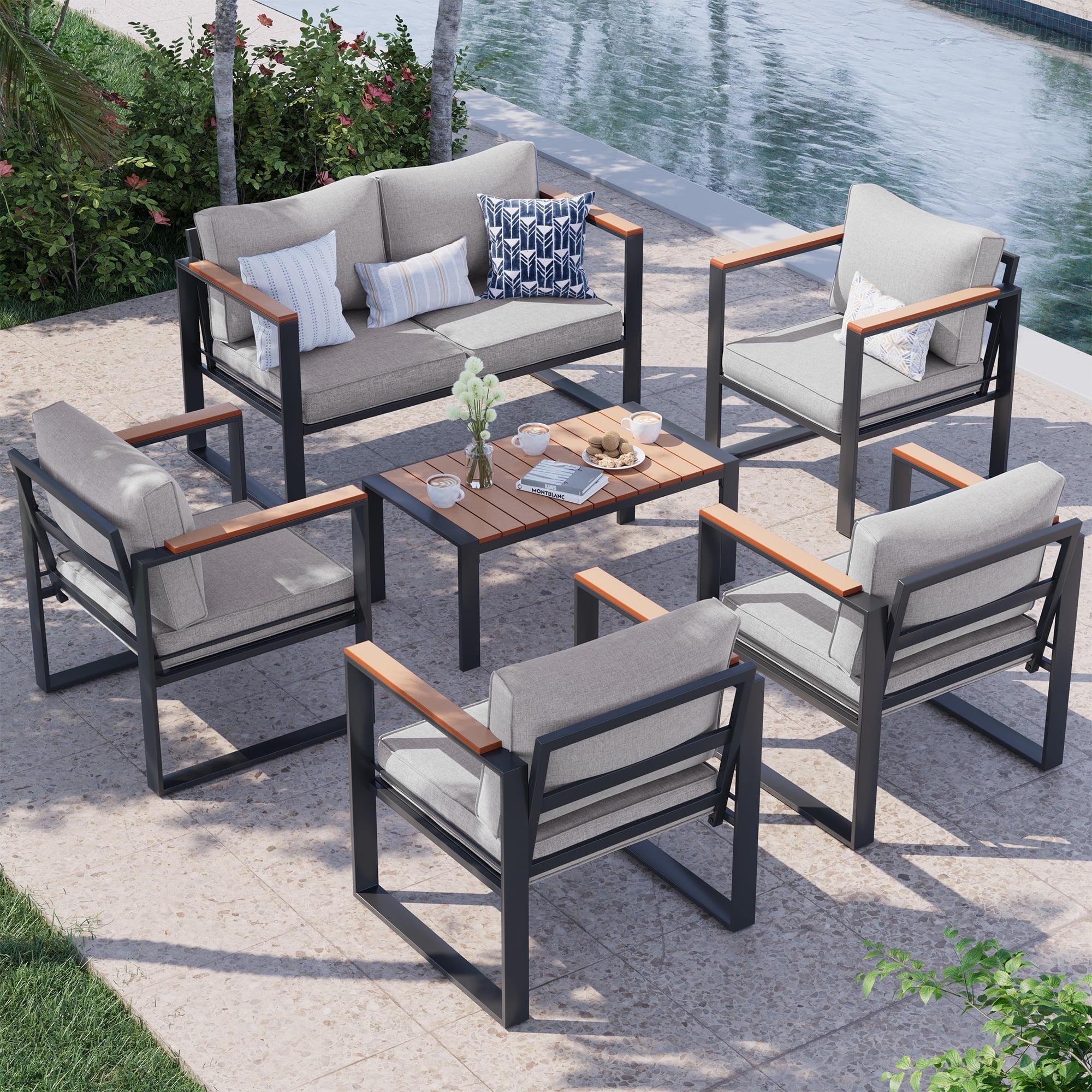 Image showcasing ECOPATIO 6 Pieces Patio Furniture Set, Metal Patio Conversation Set ...