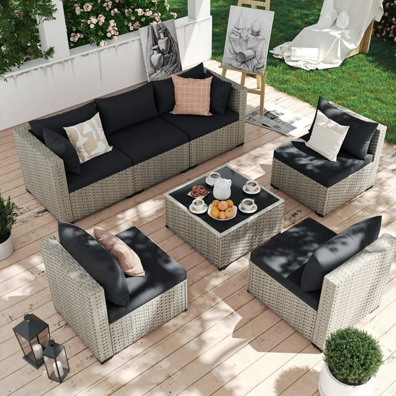 MRUAKA 7 Pieces Patio Conversation Set, Outdoor Sectional PE Rattan Wicker Furniture Seat,BLACK