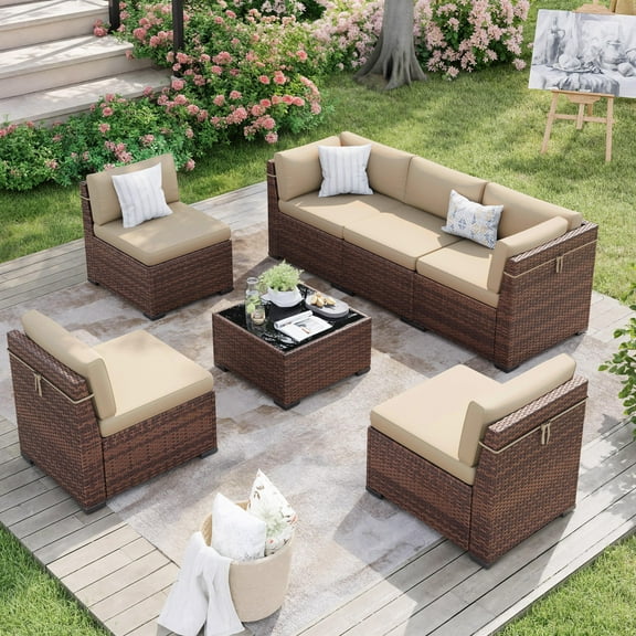 MRUAKA 7 Pieces Patio Conversation Set, Outdoor Sectional PE Rattan Wicker Furniture Seat,Beige
