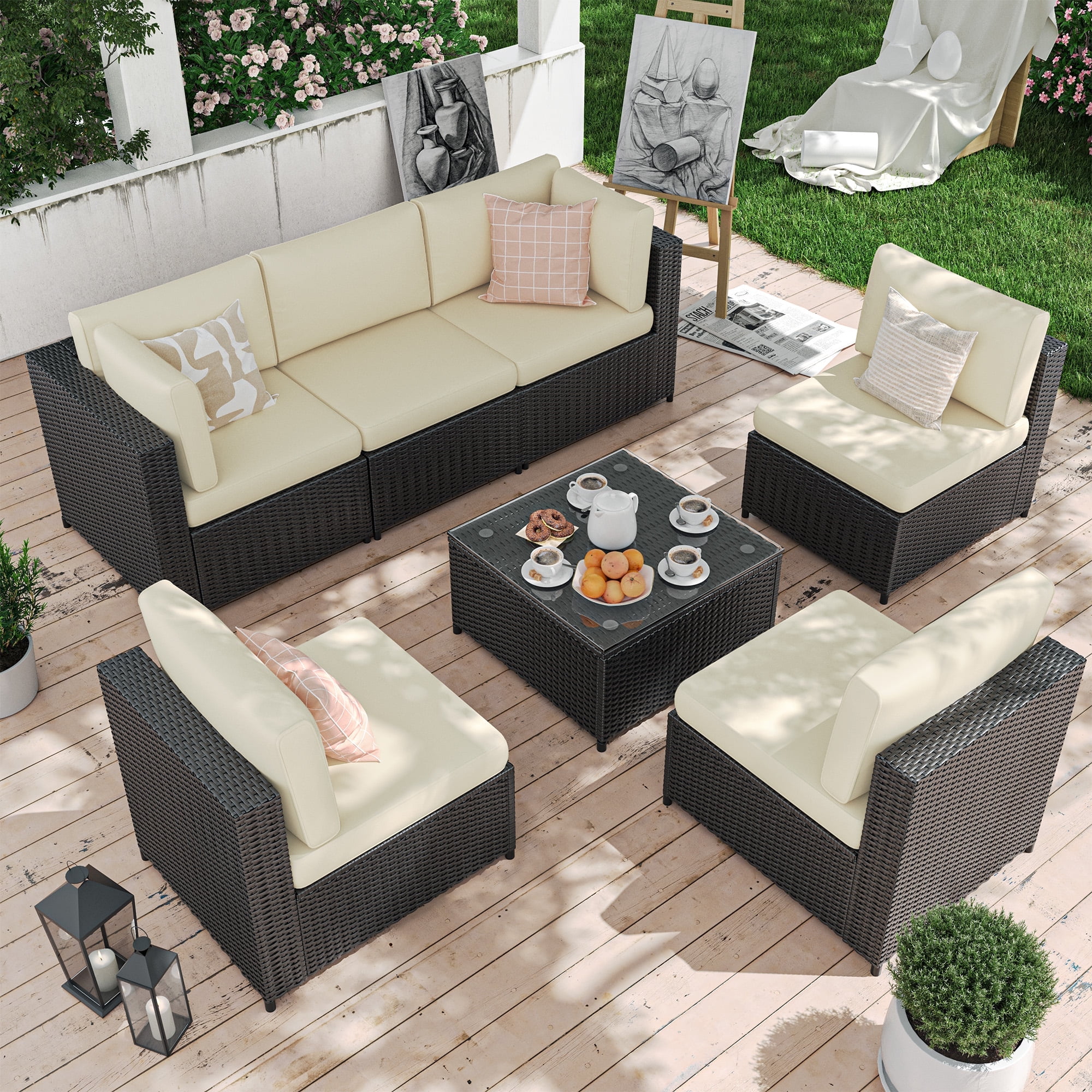 ECOPATIO 7Piece Outdoor Patio Set, PE Rattan Wicker Sectional, Weather Resistant, Beige