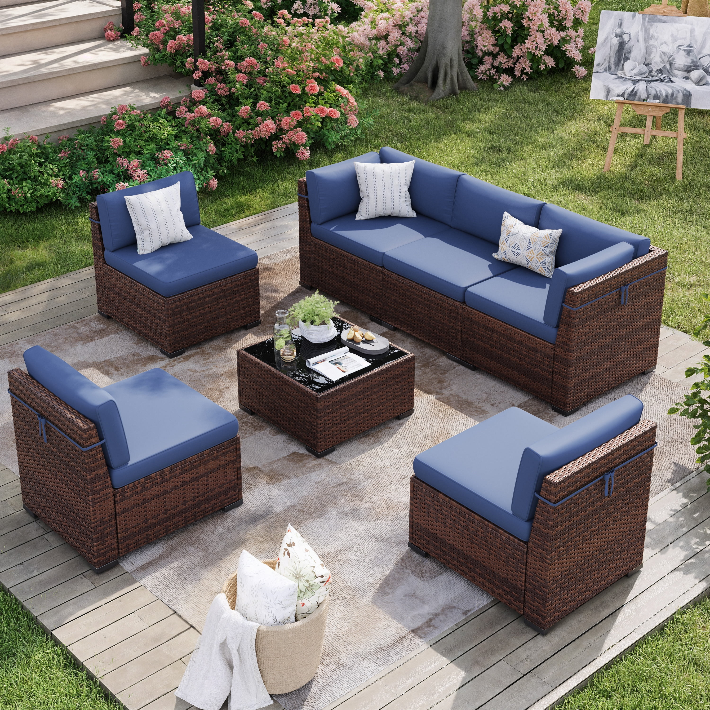 Denim Blue 7-Piece Rattan Wicker Outdoor Sectional Sofa Set