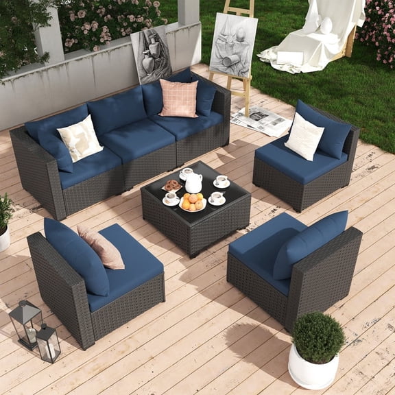 MRUAKA 7 Pieces Patio Conversation Set, Outdoor Sectional PE Rattan Wicker Furniture Seat,Blue