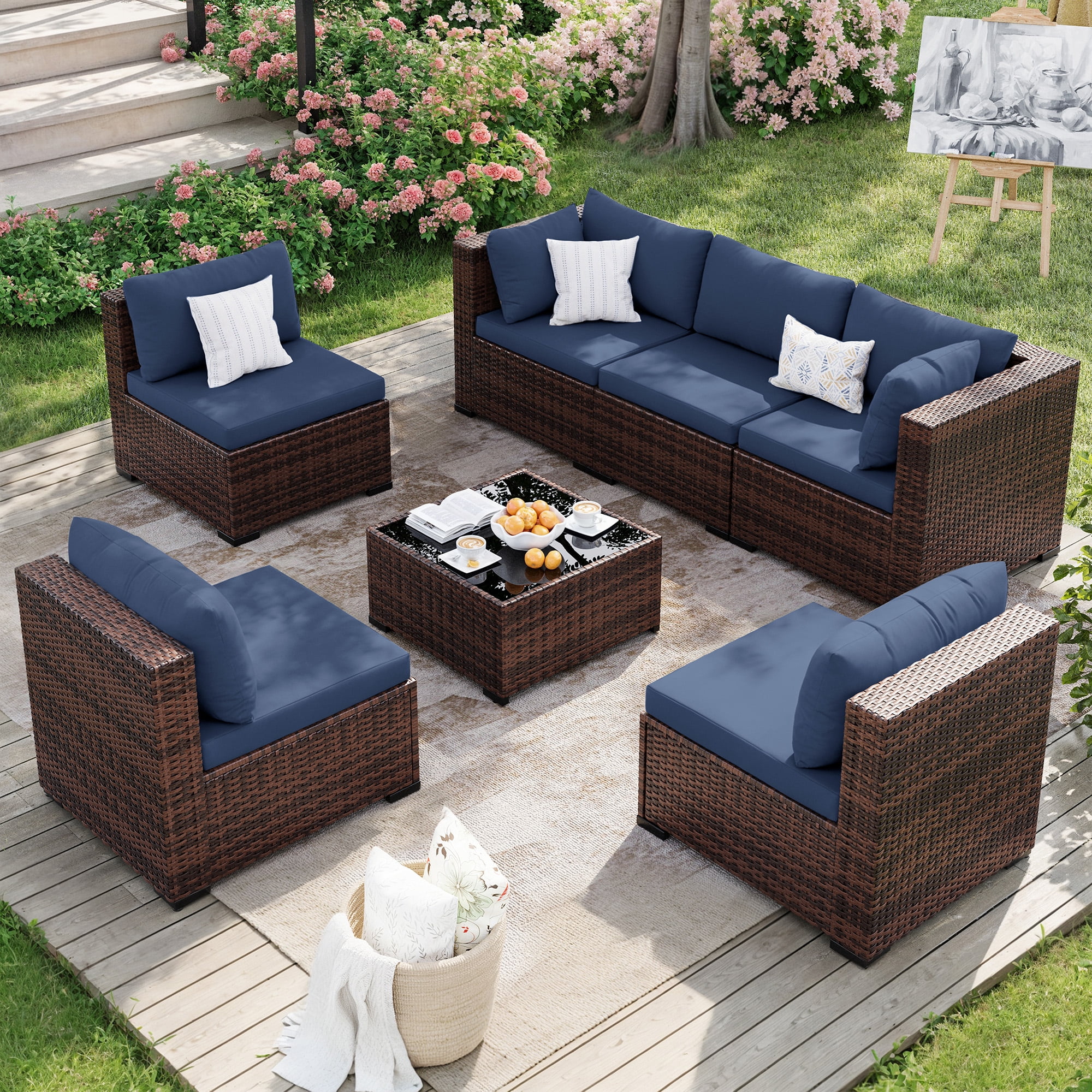 Denim Blue 7-Piece Rattan Wicker Outdoor Sectional Sofa Set