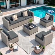 7 Pieces Patio Conversation Set, Outdoor Sectional PE Rattan Wicker Furniture Seat,Dark Gray