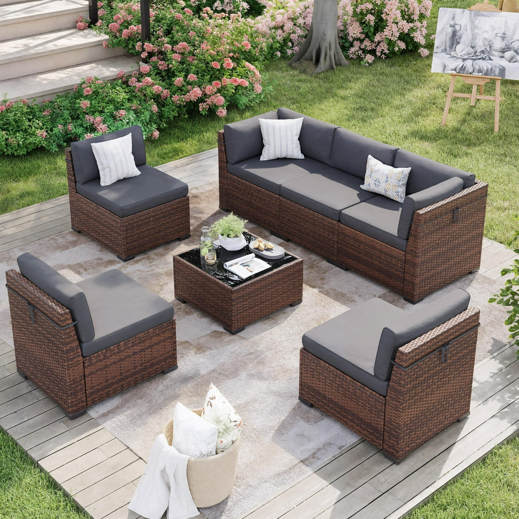 MRUAKA 7 Pieces Patio Conversation Set, Outdoor Sectional PE Rattan Wicker Furniture Seat,Gray