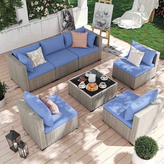 MRUAKA 7 Pieces Patio Conversation Set, Outdoor Sectional PE Rattan Wicker Furniture Seat,Haze Blue