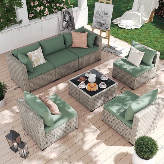 MRUAKA 7 Pieces Patio Conversation Set, Outdoor Sectional PE Rattan Wicker Furniture Seat,Light Green