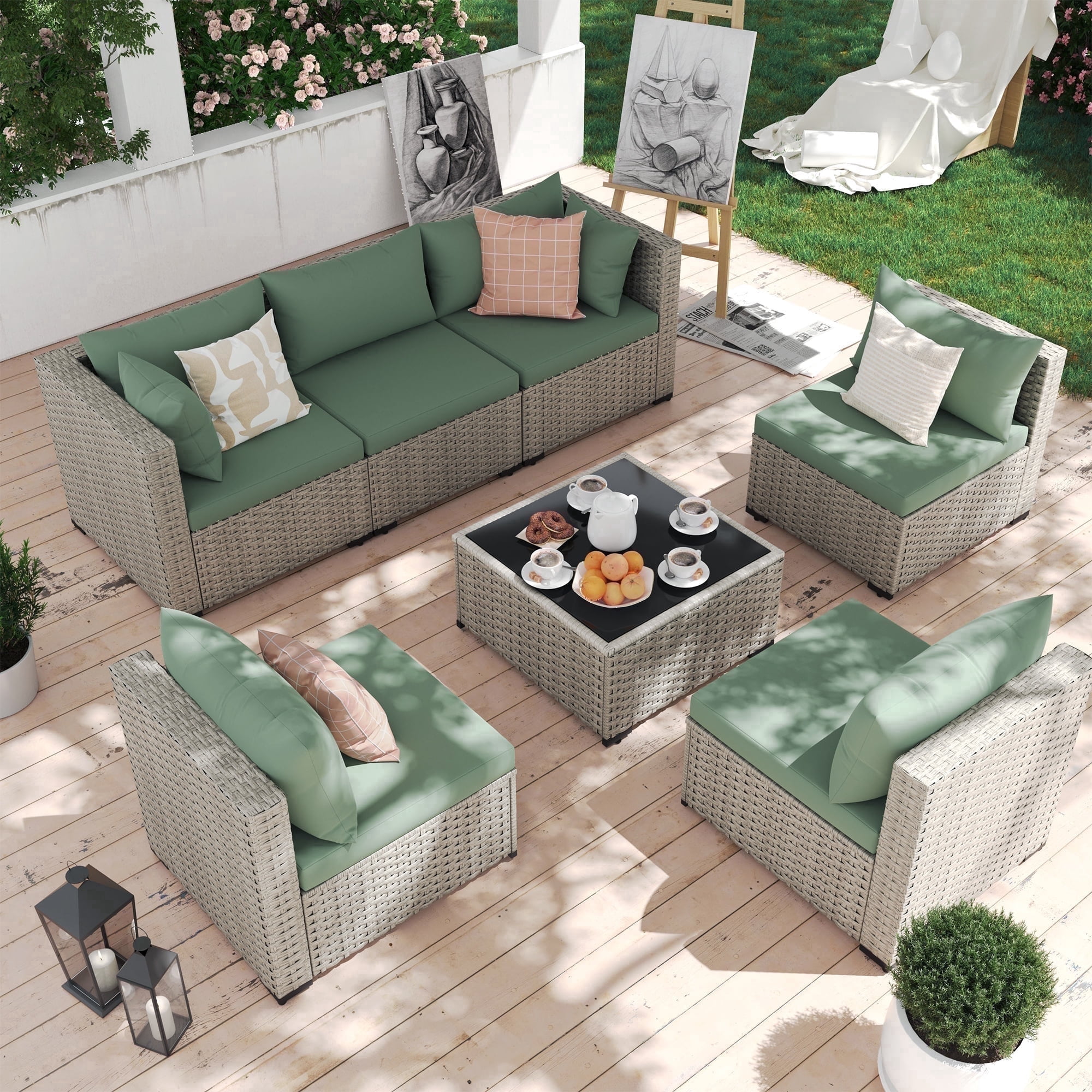 MRUAKA 7 Pieces Patio Conversation Set, Outdoor Sectional PE Rattan Wicker Furniture Seat,Light Green
