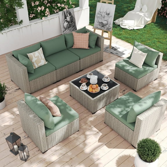 MRUAKA 7 Pieces Patio Conversation Set, Outdoor Sectional PE Rattan Wicker Furniture Seat,Light Green