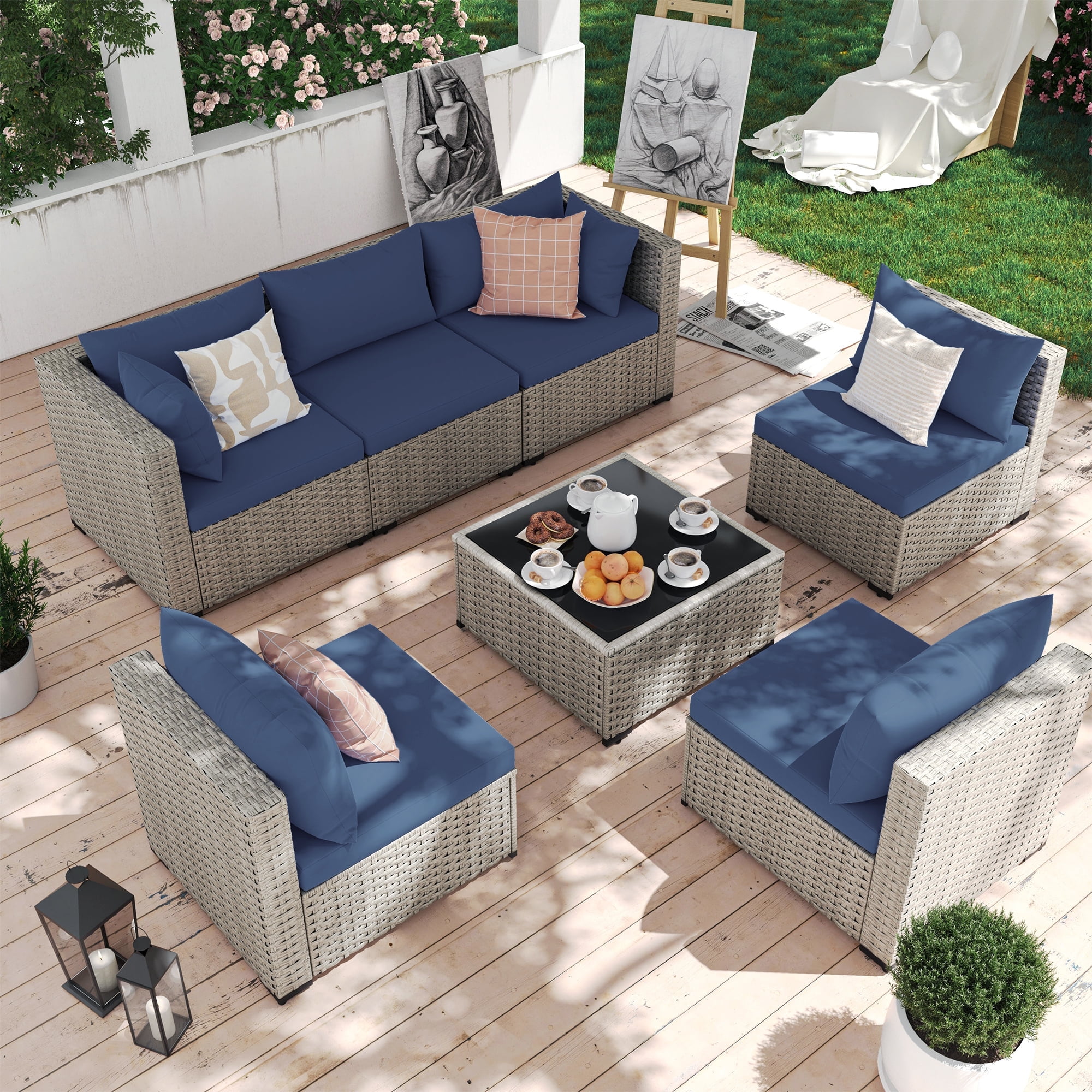 Rattan Falmouth Piece Sofa Seating Group With Cushions POTEBAN