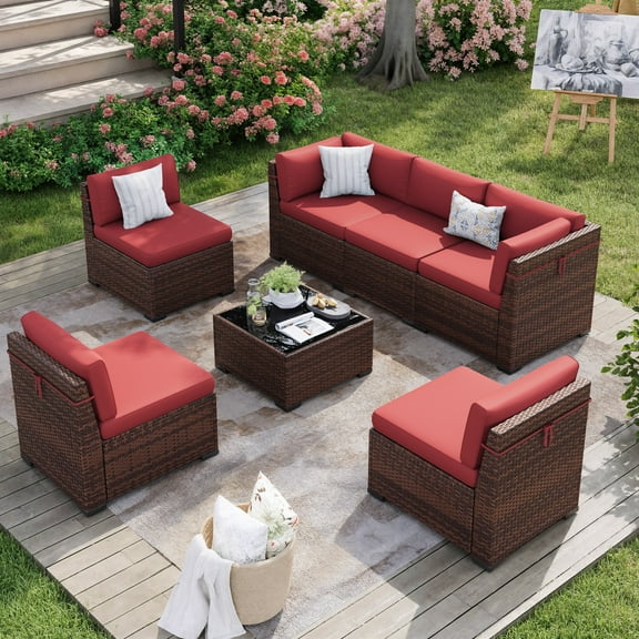 MRUAKA 7 Pieces Patio Conversation Set, Outdoor Sectional PE Rattan Wicker Furniture Seat,Red