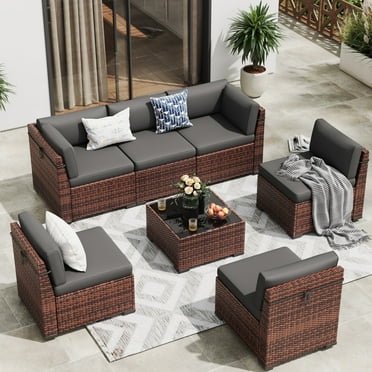 ECOPATIO 7 Pieces Patio Furniture Set, Outdoor Furniture Sectional Rattan Sofa with Slanted Back, Patio Couch with Glass Coffee Table for Backyard Garden Dark Grey