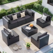 MRUAKA 7 Pieces Patio Furniture Set, Outdoor Furniture Sectional Rattan Sofa, Patio Couch with Glass Coffee Table for Backyard Garden Dark Grey