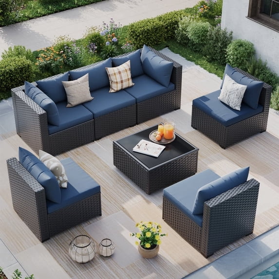 MRUAKA 7 Pieces Patio Furniture Set, Outdoor Furniture Sectional Rattan Sofa, Patio Couch with Glass Coffee Table for Backyard Garden Navy