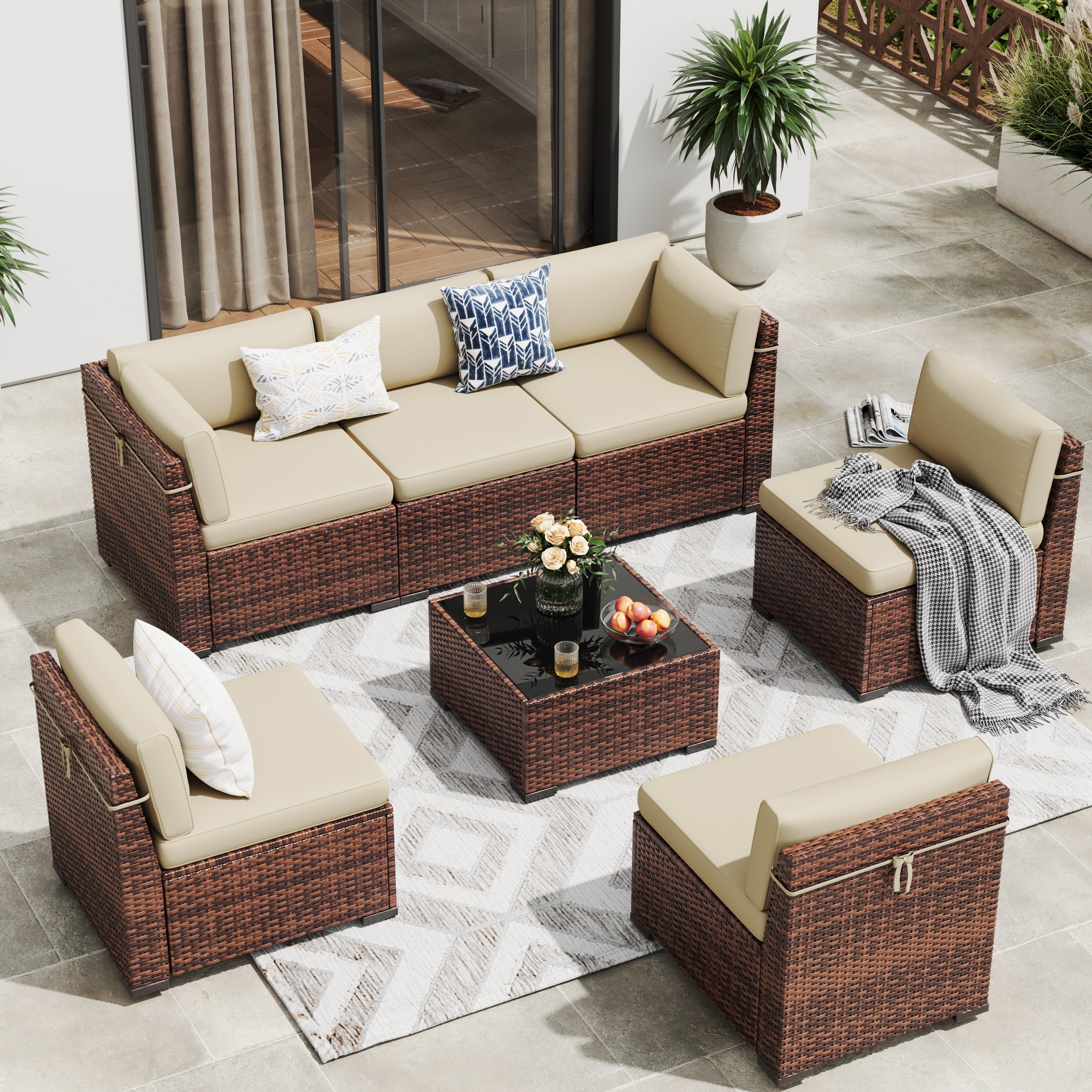 ECOPATIO 7 Pieces Patio Furniture Set Outdoor Furniture Sectional Rattan Sofa with Slanted Back Patio Couch with Glass Coffee Table for Backyard