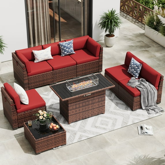 MRUAKA 8 Pieces Patio Furniture Set with Fire Pit Table, Outdoor Furniture Sectional Rattan Sofa with Slanted Back, Patio Couch with Glass Coffee Table for Backyard Garden (Wine)