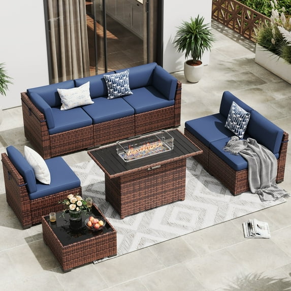 MRUAKA 8 Pieces Patio Furniture Set with Fire Pit Table, Outdoor Furniture Sectional Rattan Sofa with Slanted Back, Patio Couch with Glass Coffee Table for Backyard Garden (Navy)