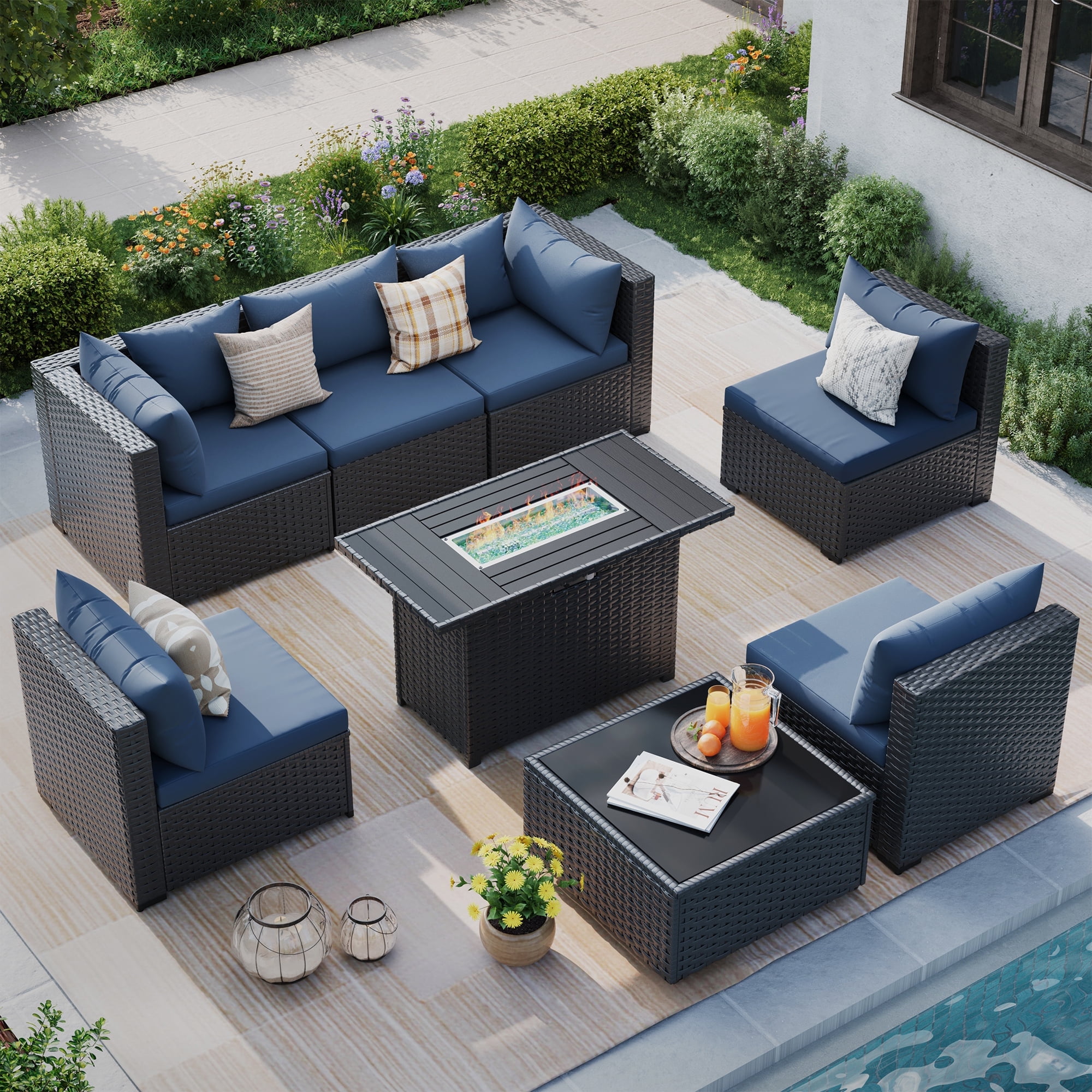 MRUAKA 8 Pieces Patio Furniture Set with Fire Pit Table, Outdoor Furniture Sectional Rattan Sofa, Patio Couch with Glass Coffee Table for Backyard Garden (Navy)