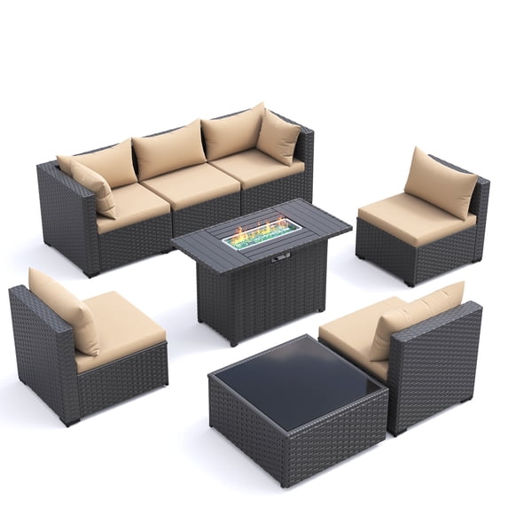 MRUAKA 8 Pieces Patio Furniture Set with Fire Pit Table, Outdoor Furniture Sectional Rattan Sofa, Patio Couch with Glass Coffee Table for Backyard Garden (Khaki)