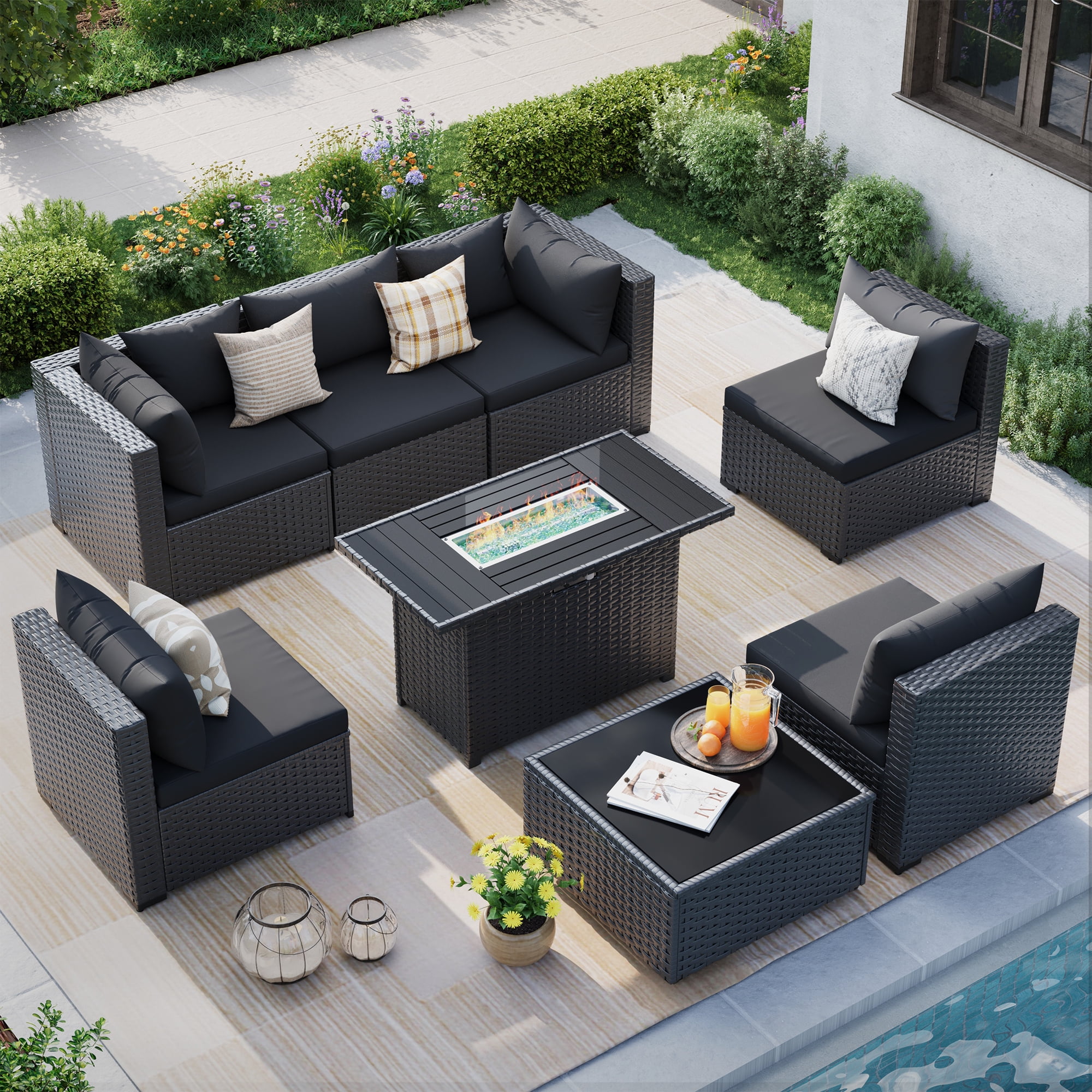 MRUAKA 8 Pieces Patio Furniture Set with Fire Pit Table, Outdoor Furniture Sectional Rattan Sofa, Patio Couch with Glass Coffee Table for Backyard Garden (Black)