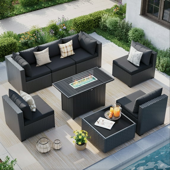 MRUAKA 8 Pieces Patio Furniture Set with Fire Pit Table, Outdoor Furniture Sectional Rattan Sofa, Patio Couch with Glass Coffee Table for Backyard Garden (Black)