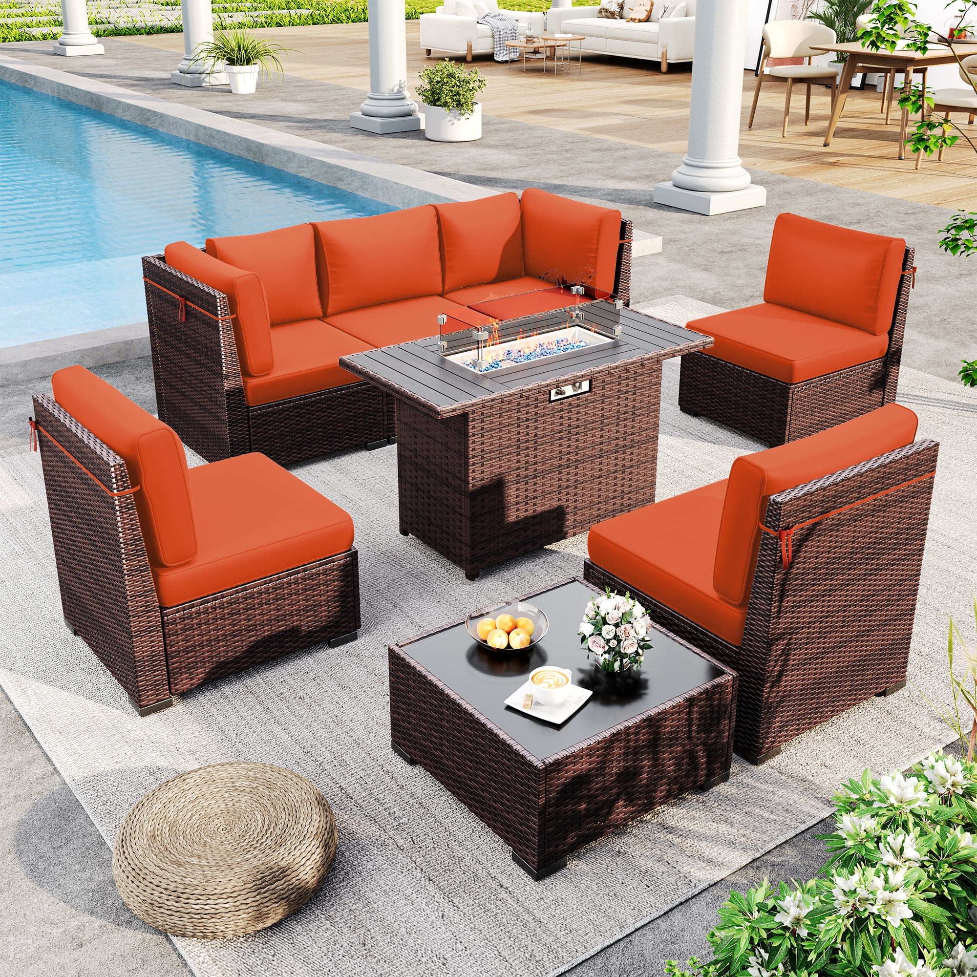 ECOPATIO 8 Pieces Patio Furniture Set with Fire Pit Table Outdoor Furniture Sectional Rattan Sofa with Slanted Back Patio Couch with Glass Coffee