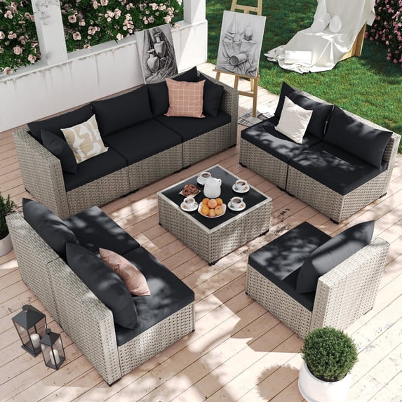 MRUAKA 9 Pieces Patio Conversation Set, Outdoor Sectional PE Rattan Wicker Furniture Seat,BLACK