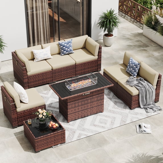 MRUAKA 8 Pieces Patio Conversation Set, Outdoor Sectional PE Rattan Wicker Furniture Seat,Beige