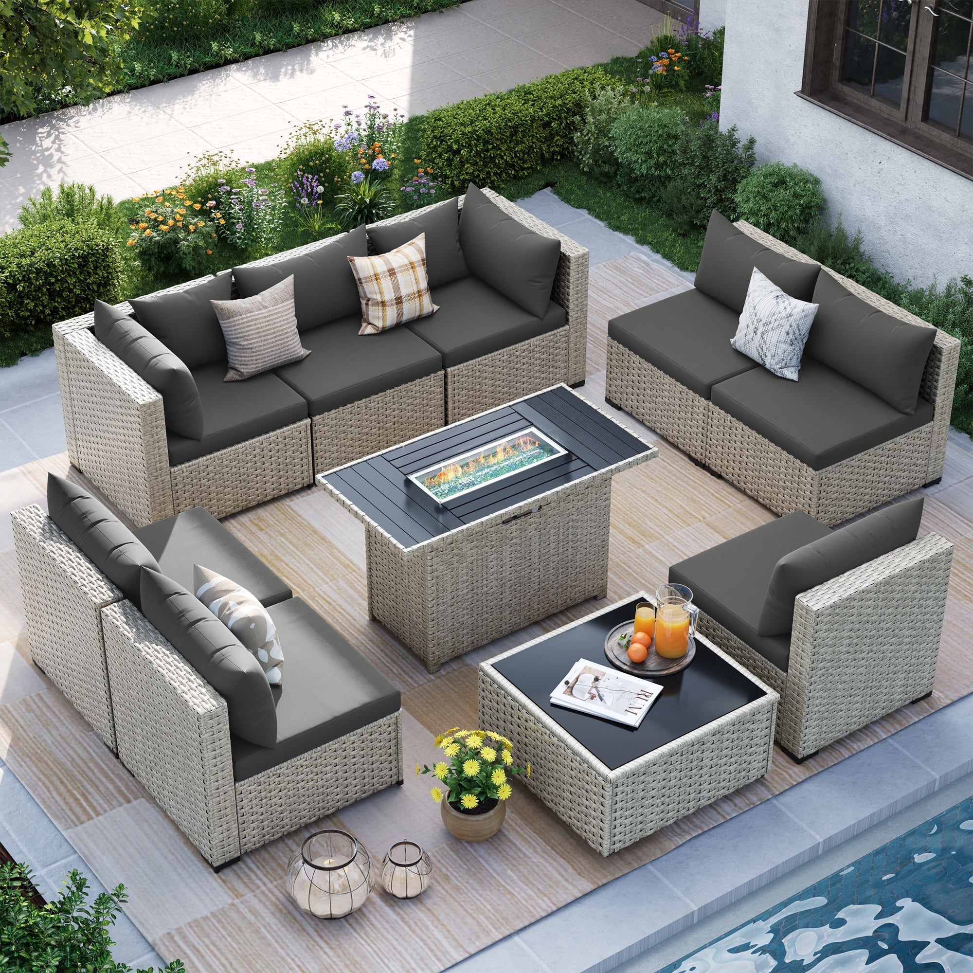 MRUAKA 9 Pieces Patio Conversation Set with Firepit, Outdoor Sectional PE Rattan Wicker Furniture Seat,Dark Gray