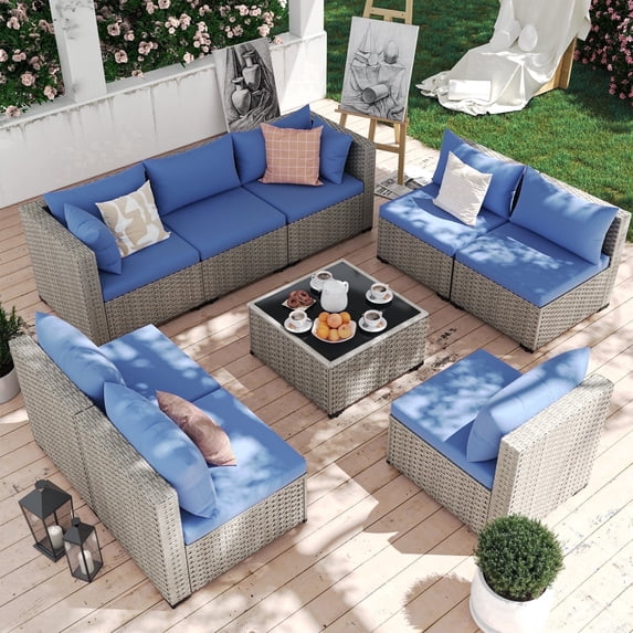 MRUAKA 9 Pieces Patio Conversation Set, Outdoor Sectional PE Rattan Wicker Furniture Seat,Haze Blue