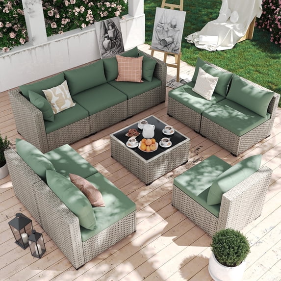 MRUAKA 9 Pieces Patio Conversation Set, Outdoor Sectional PE Rattan Wicker Furniture Seat,Light Green