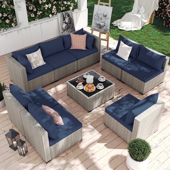 MRUAKA 9 Pieces Patio Conversation Set, Outdoor Sectional PE Rattan Wicker Furniture Seat,NAVY