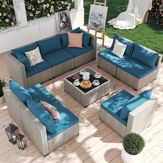 MRUAKA 9 Pieces Patio Conversation Set, Outdoor Sectional PE Rattan Wicker Furniture Seat,Peacock Blue