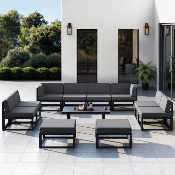 MRUAKA Aluminum Patio Furniture Set,11 Piece Modern Outdoor Furniture with 5 inch Cushion, Metal Patio Sectional Conversation Sets for Deck, Backyard, Porch,Gray (Included Waterproof Covers)