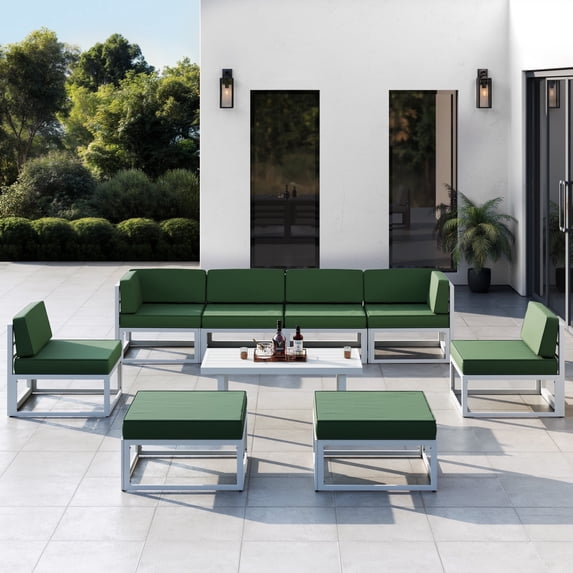 MRUAKA Aluminum Patio Furniture Set, 9 Pcs Metal Modern Outdoor Sofa Sets, Outdoor Sectional Patio Conversation Set with Coffee Table for Backyard, Green (Included Waterproof Covers)