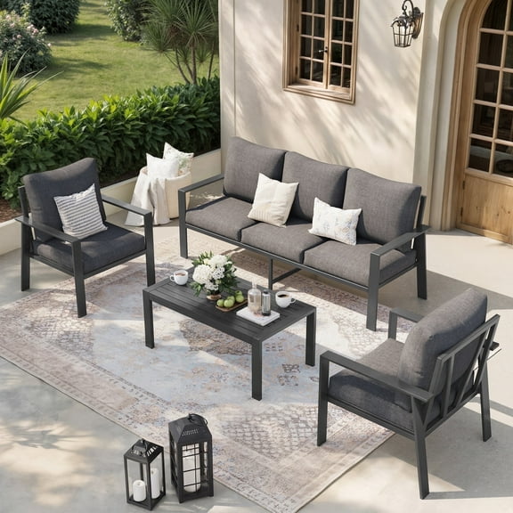 MRUAKA Aluminum Patio Furniture Set, 6 Pcs Modern Outdoor Sofa Sets, Outdoor Sectional Patio Conversation Set with Coffee Table for Backyard, Poolside, Dark Grey