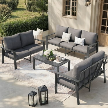 MRUAKA Aluminum Patio Furniture Set, 6 Pcs Modern Outdoor Sofa Sets, Outdoor Sectional Patio Conversation Set with Coffee Table for Backyard, Poolside, Dark Grey