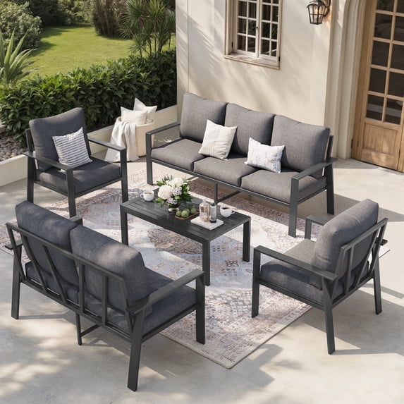 MRUAKA Aluminum Patio Furniture Set, 7 Pcs Modern Outdoor Sofa Sets, Outdoor Sectional Patio Conversation Set with Coffee Table for Backyard, Poolside, Dark Grey