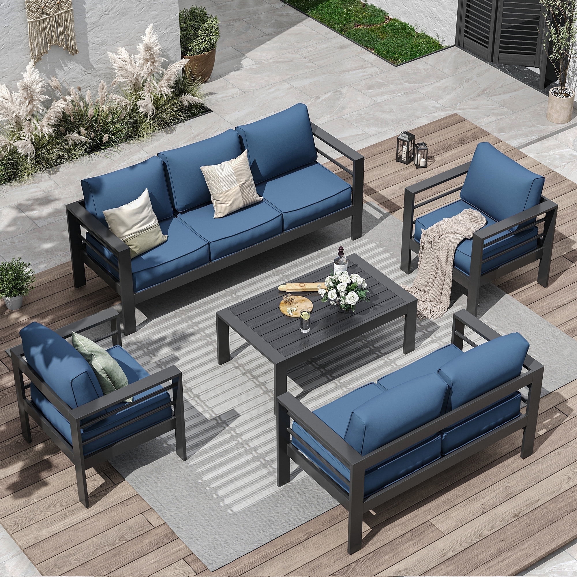 ECOPATIO Aluminum Patio Furniture Set, 8 Pcs Metal Modern Outdoor Sofa Sets, Outdoor Sectional Patio Conversation Set with Coffee Table for Backyard, Poolside, Dark Gray & Blue