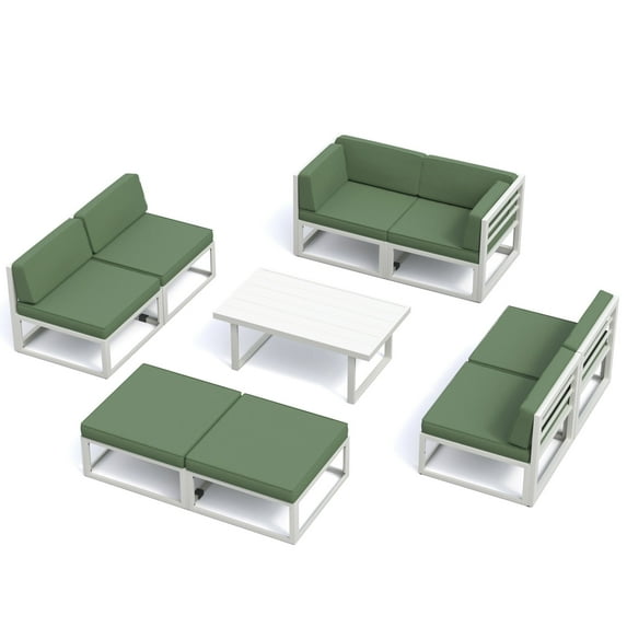 ECOPATIO Aluminum Patio Furniture Set, 8 Pcs Metal Modern Outdoor Sofa Sets, Outdoor Sectional Patio Conversation Set with Coffee Table for Backyard,White & Blue (Included Waterproof Covers)