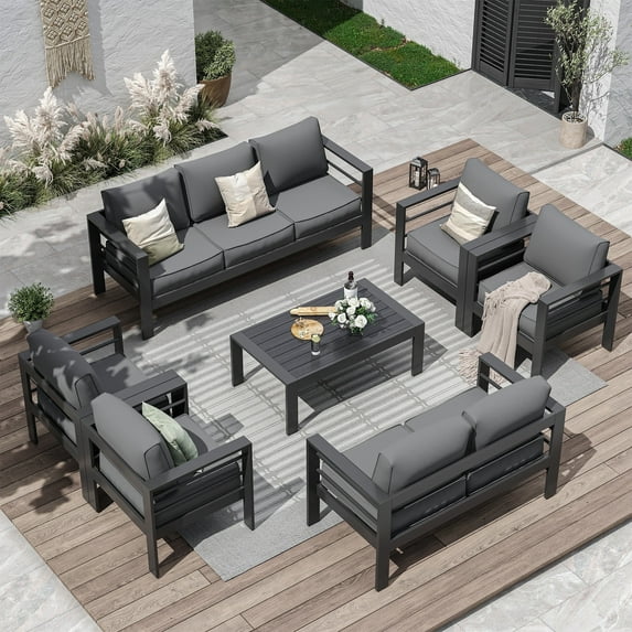 ECOPATIO Aluminum Patio Furniture Set, 9 Pcs Metal Modern Outdoor Sofa Sets, Outdoor Sectional Patio Conversation Set with Coffee Table for Backyard, Poolside, Dark Grey (Included Waterproof Covers)