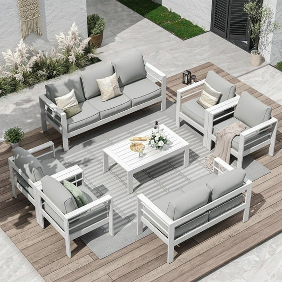 ECOPATIO Aluminum Patio Furniture Set, 9 Pcs Metal Modern Outdoor Sofa Sets, Outdoor Sectional Patio Conversation Set with Coffee Table for Backyard, Poolside, White (Included Waterproof Covers)