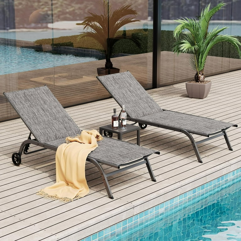 ECOPATIO Chaise Lounge Outdoor Set of 3 Aluminum Lounge Chairs for Outside w Wheels Textilene Padded Patio Lounge Chair w 5 Adjustable Position Pool Lounge Chairs for Beach Deck Grey Walmart