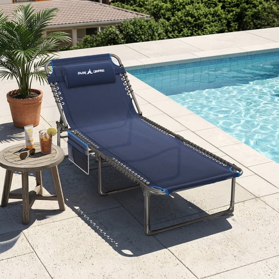 MRUAKA Outdoor Folding Chaise Lounge Chair, Heavy-Duty Portable Sun Lounger with 4 Adjustable Positions & Removable Pillow, Patio Beach Chair for Backyard, Poolside, Camping,Navy