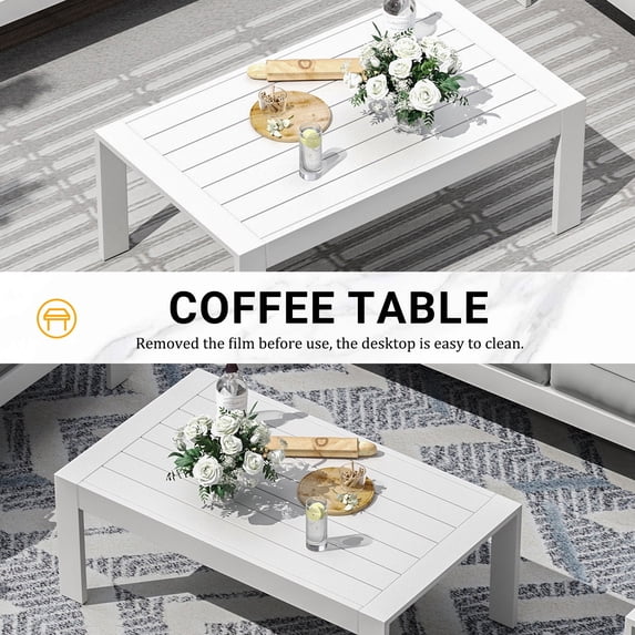 ECOPATIO Outdoor Coffee Table, Aluminum Modern Patio Coffee Tables with Imitation Wood Top for Balcony Garden Backyard, White