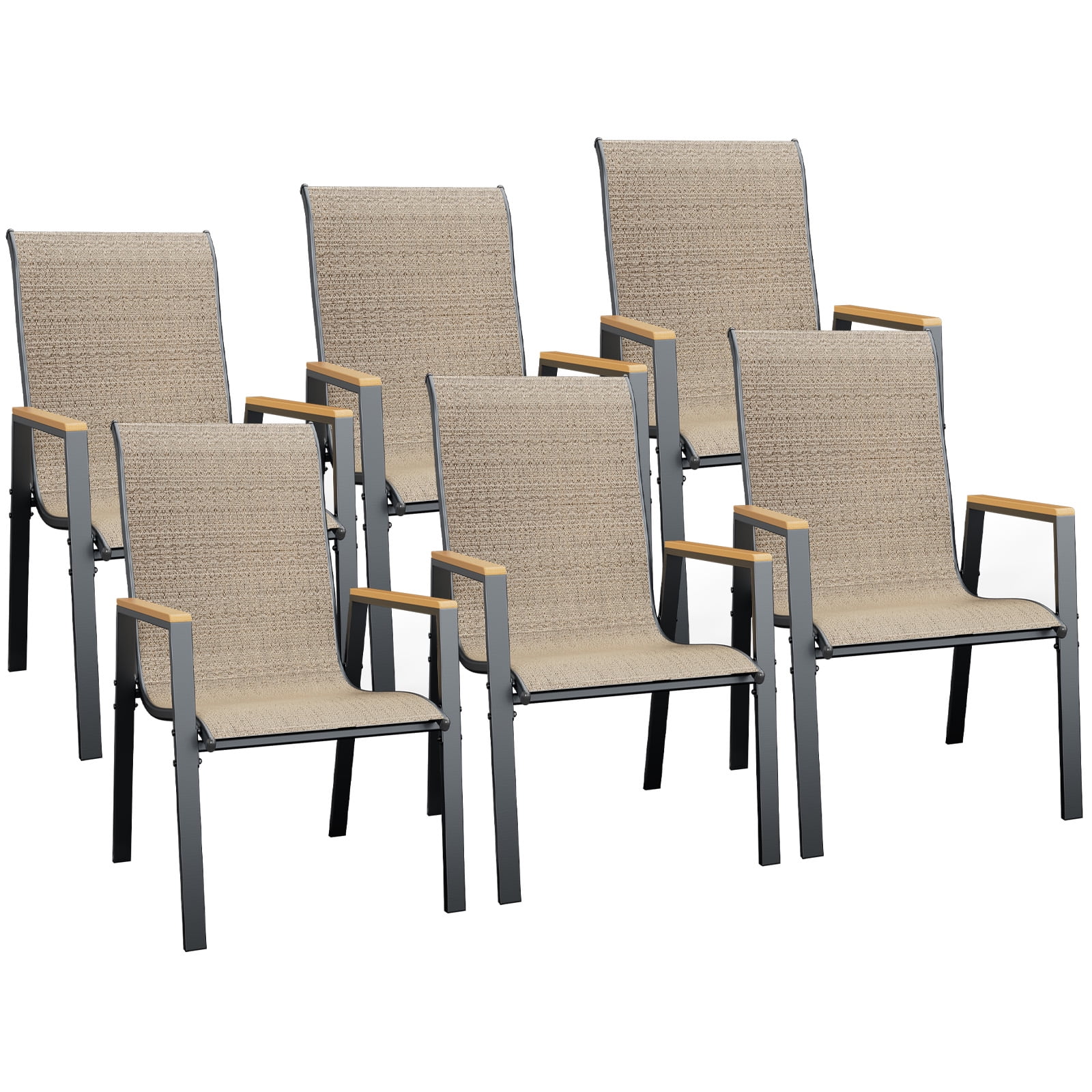 ECOPATIO Outdoor Patio Dining Chairs Set of 6, Stackable Steel Chairs with Armrest,Durable Frame for Lawn Garden Backyard, Khaki
