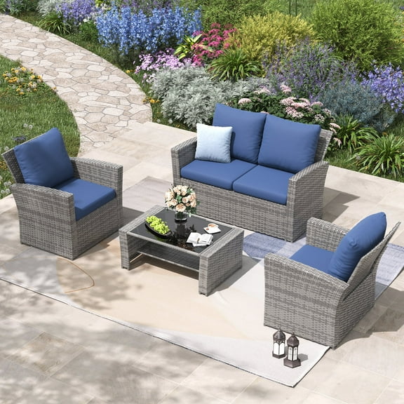 ECOPATIO Outdoor Patio Furniture Set, Outdoor Sectional Sofa, Outdoor Furniture Set Patio Couch Set Porch Balcony Furniture, 4 Piece Patio Conversation Set for Outside Furniture (Blue)