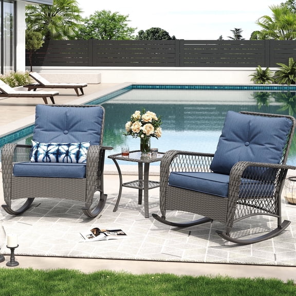 MRUAKA Outdoor Rocking Chairs Set of 3, Wicker Patio Furniture with Thickened Cushions and Table for Porch350lbs Weight Capacity(Blue)